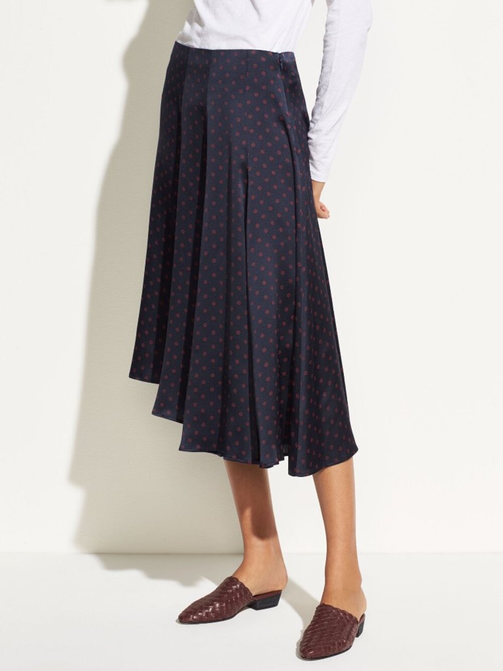 Vince Leaf Foulard 100% Silk Satin Asymmetric Midi Skirt Navy Blue XS M $325